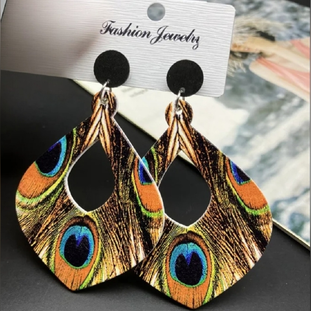 Peacock Feather Wood Earrings NWT